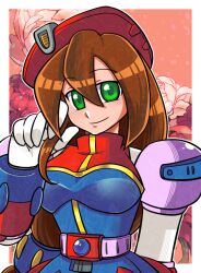  1girl beret border breasts brown_hair closed_mouth commentary ebimpawa english_commentary flower green_eyes hair_between_eyes hat iris_(mega_man) long_hair looking_at_viewer mega_man_(series) mega_man_x_(series) outside_border red_hat robot_girl smile solo upper_body white_border 