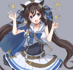  1girl anchor_ornament animal_ears beret blue_bow blue_cape blue_ribbon blush bow breasts brown_hair cape covered_navel ear_covers hair_between_eyes haruna_chino hat hat_belt highres horse_ears horse_girl horse_tail long_hair looking_at_viewer mole mole_under_eye multicolored_hair one-piece_swimsuit open_mouth ribbon sailor_collar sailor_shirt shirt single_ear_cover skirt smile solo streaked_hair swimsuit swimsuit_under_clothes tail twintails umamusume vivlos_(umamusume) vivlos_(voyage_etincelant)_(umamusume) white_hat white_sailor_collar white_shirt white_skirt 