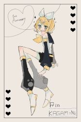  1girl anniversary aqua_eyes bare_shoulders belt black_leg_warmers black_sailor_collar black_shorts black_sleeves blonde_hair blush bow character_name closed_mouth colored_shoe_soles detached_sleeves dot_nose english_text frilled_sleeves frills full_body hair_bow hair_ornament hairclip heart heart-shaped_pupils highres kagamine_rin knees_up leg_warmers long_legs long_sleeves neckerchief okashira_moppu parallel_hairclips puffy_long_sleeves puffy_sleeves sailor_collar shirt shoes short_hair short_shorts shorts simple_background sleeveless smile solo sparkle symbol-shaped_pupils vocaloid white_bow white_shirt white_shoes yellow_background yellow_belt yellow_neckerchief yellow_trim 