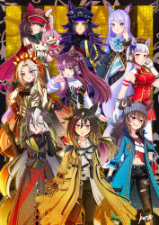  6+girls absurdres ahoge animal_ears aqua_bow aqua_bowtie armband ascot asymmetrical_shirt beanie black_ascot black_gloves black_hair black_jacket black_pants black_shirt black_skirt blue_coat blue_eyes blunt_bangs blush bow bowtie breasts bright_pupils brown_eyes brown_hair brown_hat cape clenched_teeth closed_mouth coat colored_bangs commentary_request denim dream_journey_(reminder_of_dreamland)_(umamusume) dream_journey_(umamusume) dress ear_bow ear_covers ear_ribbon ears_through_headwear eyewear_strap fenomeno_(black_flames_of_the_righteous_spirit)_(umamusume) fenomeno_(umamusume) fingerless_gloves flipped_hair frilled_coat frilled_jacket frills gem glasses gloves goggles goggles_around_neck gold_ship_(red_strife)_(umamusume) gold_ship_(umamusume) green_bow green_gem grey_hair grey_hat hair_between_eyes hand_puppet hat highres horse_ears horse_girl horse_tail horseshoe_hat_ornament horseshoe_ornament jacket jeans knife_sheath konsu_(konsu1182da) long_hair long_sleeves looking_at_viewer lucky_lilac_(racing)_(umamusume) lucky_lilac_(umamusume) marche_lorraine_(racing)_(umamusume) marche_lorraine_(umamusume) mejiro_mcqueen_(frontline_elegance)_(umamusume) mejiro_mcqueen_(umamusume) mismatched_ear_covers multicolored_hair multiple_girls nakayama_festa_(shichuukyuukatsu)_(umamusume) nakayama_festa_(umamusume) open_mouth orange_hair orfevre_(control)_(umamusume) orfevre_(umamusume) pants pantyhose peaked_cap pillbox_hat pleated_skirt puppet purple_hair red_cape red_dress sheath shirt short_hair signature single_ear_cover skirt sleeveless sleeveless_dress smile stay_gold_(sunlit_outsider)_(umamusume) stay_gold_(umamusume) stay_gold_clan_(umamusume) streaked_hair striped_armband striped_clothes striped_hat tail teeth torn_clothes torn_coat torn_jeans torn_pants torn_shirt two-tone_hair umamusume violet_eyes white_coat white_gloves white_hair white_jacket white_pantyhose white_shirt white_streaks wrist_belt yellow_coat 