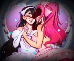  2girls alien_stage bandana black_hair commentary dress frills gloves highres holding_hands long_hair mizi_(alien_stage) mizi_(zombie_stage) multiple_girls open_mouth pink_dress pink_hair smile strapless strapless_dress sua_(alien_stage) sua_(zombie_stage) untranslatable_commentary very_long_hair violet_eyes white_bandana white_dress white_gloves yeageryan 