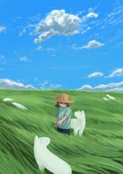  1girl animal blue_shirt blue_sky brown_hair clouds commentary_request day feeding field floating_hair flower grass hat highres holding holding_flower horizon looking_at_animal medium_hair nature original outdoors shirt short_sleeves sky solo standing sun_hat surreal t-shirt toumyou wide_shot wind 