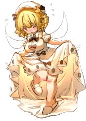  1girl black_bow black_bowtie blonde_hair blush bow bowtie chinese_commentary collared_dress commentary_request dress drill_hair fairy fairy_wings flying_sweatdrops full_body hat highres holding_own_dress looking_at_viewer luna_child one_eye_closed open_mouth puffy_short_sleeves puffy_sleeves red_eyes short_sleeves shouxishao_jiuyuan simple_background slippers solo touhou white_background white_hat white_slippers wings 
