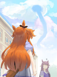 2girls ? animal_ears bow brown_hair clouds commentary_request ear_bow highres horse_ears horse_girl long_hair mayano_top_gun_(umamusume) multiple_girls narita_brian_(umamusume) orange_hair outdoors purple_shirt puzzle school_uniform shirt skirt tark_(318) the_witness_(game) tracen_school_uniform umamusume white_skirt yellow_eyes 