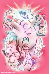  artist_name clefable clefairy cleffa colored_skin evolution_stone evolutionary_line heart highres joz-yyh moon_stone no_humans pink_background pink_skin pink_theme pokemon pokemon_(creature) pokemon_focus star_(symbol) wings 