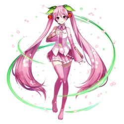  1girl artist_request bare_shoulders blush boots cherry_hair_ornament collared_shirt detached_sleeves double-parted_bangs food-themed_hair_ornament full_body game_asset grand_summoners grin hair_between_eyes hair_ornament hand_on_own_chest hatsune_miku leaf_hair_ornament long_hair long_sleeves looking_at_viewer miniskirt necktie official_art pink_boots pink_eyes pink_hair pink_necktie pink_skirt pink_sleeves pleated_skirt sakura_miku shirt simple_background skirt sleeveless sleeveless_shirt smile solo standing thigh_boots third-party_source tie_clip transparent_background twintails very_long_hair vocaloid white_shirt zettai_ryouiki 