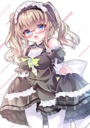  1girl 9-nine- :d absurdres bare_shoulders black_dress blue_eyes blush bow bowtie breasts brown_hair commentary cowboy_shot detached_collar detached_sleeves dress dress_bow eyes_visible_through_hair frilled_dress frilled_sleeves frills glasses green_bow grey_bow grey_bowtie hair_between_eyes highres himeyuki_twi holding_own_dress kujou_miyako large_breasts long_hair long_sleeves looking_at_viewer maid maid_headdress medium_dress nine_ball_maid_uniform official_alternate_costume official_alternate_hairstyle open_mouth pantyhose red-framed_eyewear sidelocks simple_background smile solo twintails white_background white_pantyhose 