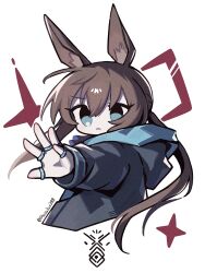  1girl amiya_(arknights) animal_ears arknights black_jacket blue_eyes brown_hair casting_spell commentary_request frown hand_up highres hood hood_down hooded_jacket jacket jewelry long_sleeves looking_at_viewer multiple_rings rabbit_ears rabbit_girl rasarasu ring simple_background solo thumb_ring twitter_username white_background 