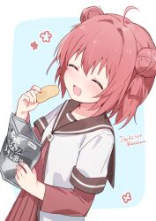 1girl ahoge akaza_akari bag bag_of_chips brown_sailor_collar chips_(food) closed_eyes commentary_request double_bun dress dress_under_shirt eating food hair_bun highres holding holding_bag knokzm layered_sleeves long_sleeves medium_hair nanamori_school_uniform open_mouth potato_chips red_dress red_hair sailor_collar school_uniform serafuku shirt short_over_long_sleeves short_sleeves smile solo upper_body white_shirt yuruyuri 