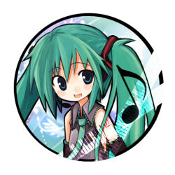  1girl :d amakaze_sora black_sleeves blue_eyes blush collared_shirt commentary_request detached_sleeves eighth_note green_hair green_necktie grey_shirt hair_between_eyes hatsune_miku headset lowres musical_note necktie shirt sleeveless sleeveless_shirt smile solo vocaloid 