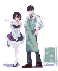  1boy 1girl absurdres alien_stage apron aqua_apron artist_collaboration black_dress black_eyes black_hair black_necktie black_pants black_shoes bob_cut brown_shoes commentary_request dress gloves highres ivan_(alien_stage) leg_up maid menu_board name_tag necktie official_alternate_costume panties pants red_pupils shirt shishi_v3 shiu_1235 shoes short_hair signature sua_(alien_stage) thick_eyebrows underwear v_arms very_short_hair violet_eyes white_gloves white_panties white_shirt 