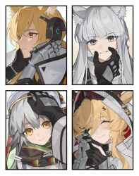  4girls ^_^ animal_ear_fluff animal_ears antlers arknights black_gloves blonde_hair blush closed_eyes deer_antlers deer_ears deer_girl ears_through_hood extra_ears fartooth_(arknights) gauntlets gloves grey_hair hand_on_another's_cheek hand_on_another's_face happy headpat headphones highres hood hood_up horns horns_through_hood horse_ears horse_girl implied_extra_ears jacket long_hair looking_at_viewer multiple_girls nearl_(arknights) nearl_the_radiant_knight_(arknights) platinum_(arknights) portrait pov pov_hands quanx70909457 simple_background smile visor_(armor) viviana_(arknights) white_hair white_jacket yellow_eyes yuri 