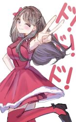  1girl ;) black_shoes breasts brown_hair closed_mouth commentary do!_do!_do!_(love_live!) dress earrings foot_out_of_frame fujishima_megumi heart heart_earrings high_heels highres jewelry large_breasts leg_up long_hair looking_at_viewer love_live! love_live!_hasu_no_sora_jogakuin_school_idol_club one_eye_closed over-kneehighs red_dress red_thighhighs shoes sleeveless sleeveless_dress smile solo song_name text_background thigh-highs tikuwa_l two_side_up untranslatable_commentary v violet_eyes virtual_youtuber white_background 