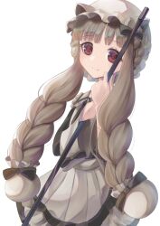  1girl absurdres black_bow blonde_hair bow braid closed_mouth commentary_request hat highres holding kagamiwor long_hair looking_at_viewer magical_girl mahou_shoujo_ikusei_keikaku mahou_shoujo_ikusei_keikaku_restart maid mob_cap nokko-chan red_eyes smile twin_braids white_background wide_sleeves 