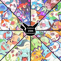  anniversary black_eyes blue_eyes brown_eyes bulbasaur charmander chespin chikorita chimchar claws clenched_hand cyndaquil eevee fang fennekin fire froakie grookey litten mudkip no_humans nostrils one_eye_closed open_mouth orange_eyes oshawott piplup pokemon pokemon_(creature) popplio rowlet runachikku scorbunny snivy sobble squirtle starter_pokemon_trio tepig torchic totodile treecko turtwig v 