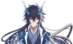  1boy absurdres bishounen black_hair blue_eyes chinese_clothes closed_mouth dan_feng_(honkai:_star_rail) dan_heng_(honkai:_star_rail) dan_heng_(imbibitor_lunae)_(honkai:_star_rail) dragon_horns earrings eastern_dragon_horns hair_between_eyes hanfu highres honkai:_star_rail honkai_(series) horns jewelry jiaoling_ruqun long_hair looking_at_viewer male_focus momo_hubei pointy_ears simple_background single_earring solo tassel tassel_earrings upper_body white_background 