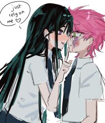  2girls alien_stage black_hair black_necktie bnnuyfanatic bruise bruise_on_face collared_shirt commentary english_text green_eyes hand_on_another's_chin heart injury long_hair mizi_(alien_stage) mizi_(zombie_stage) multiple_girls necktie pink_hair school_uniform shirt short_hair sketch smile speech_bubble sua_(alien_stage) sua_(zombie_stage) violet_eyes white_shirt yuri zombie_stage 