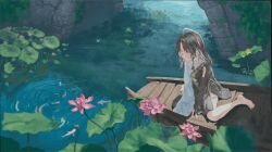  absurdres boat brown_hair earrings fish flower goldfish highres jewelry long_hair long_sleeves looking_at_animal lotues original pink_flower plant ripples rumindo scenery vines water watercraft wide_sleeves yin_yang yin_yang_earrings 