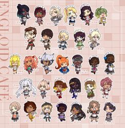  amy_(vocaloid) andi_(synthesizer_v) animal_ears anri_(synthesizer_v) apron aqua_eyes asterian_(synthesizer_v) avanna back_bow bandage_over_one_eye bandaid bandaid_on_face bandaid_on_nose beard beard_stubble big_al black_apron black_dress black_hair black_lips black_shoes black_thighhighs blonde_hair blue_bow blue_dress blue_eyes blue_hair blush bob_cut border bottle bow braid bright_pupils brown_dress brown_hair character_name chibi chibi_only choker chris_(vocaloid) closed_eyes closed_mouth cone_hair_bun covering_own_mouth cyber_diva cyber_songman daina_(vocaloid) dark-skinned_female dark-skinned_male dark_skin dex_(vocaloid) double_bun double_v dress earrings eleanor_forte english_commentary everyone eyebrow_piercing face_piercing facial_hair fang fishnet_pantyhose fishnets food freckles frilled_apron frilled_dress frills galenaia_(synthesizer_v) glass glasses gloves gradient_hair green_apron green_bow green_dress green_eyes green_hair grey_dress grey_hair grid_background hair_bow hair_bun hand_on_own_hip heart heart_hands highres holding holding_bottle holding_plate hxvoc_(synthesizer_v) jewelry jun_(synthesizer_v) leg_up leon_(vocaloid) lola_(vocaloid) long_hair looking_at_viewer maghni_ai maid maid_apron maid_headdress miriam_(vocaloid) mole mole_under_eye multicolored_hair noa_(synthesizer_v) nyl_(synthesizer_v) oliver_(maghni_ai) oliver_(vocaloid) omelet omurice one_eye_closed open_mouth orange_eyes orange_hair outstretched_arms pantyhose parted_lips paw_pose piercing pink_apron pink_bow pink_hair pizza3075 plate po-uta pointy_ears ponytail prima puffy_short_sleeves puffy_sleeves purple_apron purple_bow purple_dress red_apron red_bow red_choker red_dress red_eyes red_hair red_shoes ruby_(vocaloid) saros_(synthesizer_v) selena_(voisona) shoes short_hair short_sleeves skin_fang smile solaria_(synthesizer_v) sonika sonika_(e-capsule) spread_arms star_(symbol) star_earrings stitches streaked_hair stubble sunglasses sweat sweet_ann synthesizer_v teeth thigh-highs tinted_eyewear tonio twintails two-tone_hair v very_short_hair violet_eyes vocaloid voisona wavy_hair wavy_mouth white_apron white_border white_gloves white_hair white_pupils wolf_boy wolf_ears yellow-tinted_eyewear yellow_apron yellow_bow yellow_dress yellow_eyes yohioloid 