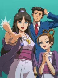  1boy 2girls ace_attorney aqua_background arm_up bead_necklace beads black_eyes black_hair blue_eyes blue_jacket brown_eyes brown_hair collared_shirt feixianji_(hairstyle) hair_bun hair_ornament hair_rings hand_on_own_head hands_up haori interlocked_fingers jacket japanese_clothes jewelry kimono lapels long_hair lowres magatama magatama_necklace matsudo_aya maya_fey multiple_girls necklace necktie open_mouth own_hands_clasped own_hands_together pearl_fey phoenix_wright pointing pointing_at_viewer purple_haori purple_sash red_necktie sash shirt short_hair simple_background smile sphere_hair_ornament standing teeth upper_teeth_only white_kimono white_shirt 