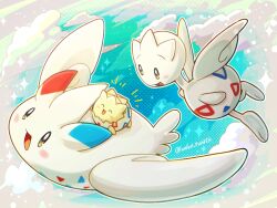  black_eyes bright_pupils commentary_request evolutionary_line flying full_body happy no_humans open_mouth pokemon pokemon_(creature) runachikku togekiss togepi togetic twitter_username white_pupils 
