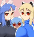  3girls :x animal_ears araiguma-san between_breasts blonde_hair blue_hair breast_envy breast_press breasts eyebrows fox_ears grin huge_breasts ms._fox_(tsukudani) ms._squirrel_(tsukudani) multiple_girls orange_eyes original payot raccoon_ears red_eyes shaded_face short_hair smile squirrel_ears symmetrical_docking track_suit tsukudani_(coke-buta) 