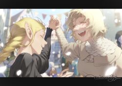  2girls arm_up black_dress blonde_hair blurry blurry_background braid closed_eyes dress dungeon_meshi falin_touden fangs highres holding_hands letterboxed long_hair marcille_donato multiple_girls open_mouth pointy_ears sankaku short_hair signature smile watermark 