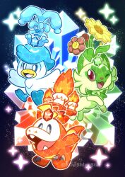  :3 ;3 blue_eyes bright_pupils commentary crystal english_commentary fangs fuecoco highres no_humans nostrils one_eye_closed open_mouth outline pokemon pokemon_(creature) pokemon_focus quaxly red_eyes silvishinystar smile sparkle sprigatito starter_pokemon_trio terastallization twitter_username white_outline white_pupils 