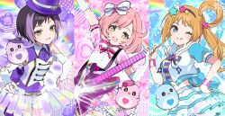  25_(d0r0thywest) 3girls :d :q ;q absurdres ayase_naru black_hair blonde_hair blue_eyes bow bowtie bridal_gauntlets collared_shirt commentary_request cropped_jacket dress drum elbow_gloves fukuhara_ann gloves green_eyes grin guitar hair_bow hair_ornament hat highres holding holding_guitar holding_instrument instrument jacket keyboard_(instrument) korean_commentary looking_at_viewer medium_hair multicolored_hair multiple_girls one_eye_closed open_mouth pink_bow pink_bowtie pink_dress pink_hair plaid_clothes plaid_dress playing_instrument ponytail pretty_rhythm pretty_rhythm_rainbow_live pretty_series purple_hair purple_hat purple_shirt shirt short_hair shorts skirt sleeveless sleeveless_shirt smile star_(symbol) star_hair_ornament streaked_hair suzuno_ito tongue tongue_out top_hat two-tone_hair white_bow white_bridal_gauntlets white_gloves white_jacket white_shorts white_skirt yellow_eyes 