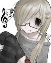  1girl bkn_ssss black_eyes black_thighhighs blonde_hair commentary_request commission fang freckles glasses hair_ornament hairclip highres musical_note open_mouth original piercing print_sweater razor_blade_hair_ornament red_skirt skirt sweater thigh-highs twintails 