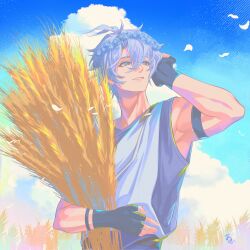  1boy absurdres ancient_greek_clothes antenna_hair aoiakira0705 arm_belt arm_up armpits bare_shoulders belt black_belt black_gloves blue_eyes blue_shirt blue_sky clouds cloudy_sky commentary_request day fingerless_gloves gloves greco-roman_clothes grey_hair hair_between_eyes hand_on_own_head hand_up highres himation holding honkai:_star_rail honkai_(series) looking_up male_focus muscular muscular_male official_alternate_costume outdoors petals phainon_(a_dream_scented_in_wheat)_(honkai:_star_rail) phainon_(honkai:_star_rail) shirt short_hair sky sleeveless sleeveless_shirt smile solo teeth upper_body weeds yellow_pupils 