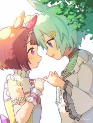  2girls animal_ears blue_eyes blush brown_choker brown_hair choker commentary_request dress ear_covers flower green_sailor_collar grey_hair hair_between_eyes hair_flower hair_ornament hairband hairclip highres horse_ears horse_girl long_sleeves looking_at_another loska multiple_girls nishino_flower_(layered_petals)_(umamusume) nishino_flower_(umamusume) open_mouth pink_hairband pinky_out pinky_swear sailor_collar seiun_sky_(reeling_in_the_big_one)_(umamusume) seiun_sky_(umamusume) shirt short_hair single_ear_cover sleeveless sleeveless_dress smile sunflower sunflower_hair_ornament umamusume violet_eyes wrist_cuffs x_hair_ornament 