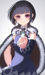  1girl absurdres black_hair blue_gem brown_eyes closed_mouth coat commentary_request detached_sleeves earrings fur_coat gem highres hime_cut holding jewelry kagamiwor lapis_lazuline looking_at_viewer magical_girl mahou_shoujo_ikusei_keikaku mahou_shoujo_ikusei_keikaku_restart patterned_clothing short_hair 