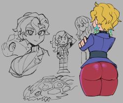   1girl ass belt blonde_hair blue_jacket breasts briar_(pokemon) caliginousarts carmine_(pokemon) chibi crossed_arms dynamic_pose earrings from_behind full_body green_eyes grey_background highres huge_ass huge_breasts jacket jewelry juliana_(pokemon) large_breasts long_sleeves looking_at_another looking_at_viewer looking_back multiple_views pants pokemon pokemon_scarlet_and_violet purple_jacket red_pants reference_sheet short_hair sketch smile star_(symbol) star_earrings turtleneck upper_body wavy_hair wide_hips