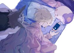  1girl bianca_(pokemon) blonde_hair closed_eyes commentary_request highres munna on_bed phone pillow pokemon pokemon_(creature) pokemon_black_2_and_white_2 short_hair sleeping stoutland under_covers white_background zui_fz 