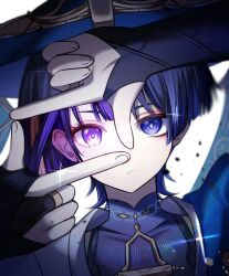  1boy 1girl black_bodysuit black_bridal_gauntlets black_hair blue_cape blue_hat blue_jingasa blunt_ends bodysuit bridal_gauntlets bright_pupils cape choppy_bangs covered_collarbone eyelashes eyeliner finger_frame finger_frame_over_eye fingernails genshin_impact gold hands_up hat highres japanese_clothes jingasa kimono looking_at_viewer makeup mandarin_collar middle_ring mole mole_under_eye mother_and_child mother_and_son parent_and_child pink_eyes purple_hair raiden_shogun red_eyeliner scaramouche_(genshin_impact) side_cape usagi_mori violet_eyes wanderer_(genshin_impact) white_background white_kimono white_pupils 
