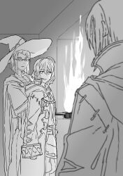  1boy 2girls ahoge burning cape chocolate_making_disaster_(meme) closed_mouth commentary_request cooking expressionless father_and_child father_and_daughter female_morgan_(fire_emblem) fire fire_emblem fire_emblem_awakening frying_pan glasses hat highres hood hood_down husband_and_wife large_hat long_sleeves looking_at_another male_robin_(fire_emblem) meme miriel_(fire_emblem) monochrome mother_and_child mother_and_daughter multiple_girls official_alternate_hairstyle open_mouth parent_and_child smile tsujii_luki witch_hat 