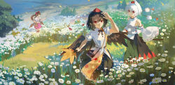  3girls absurdres animal_ears bag bird_wings black_bow black_bowtie black_skirt bow bowtie brown_bag brown_hair brown_wings camera checkered_clothes checkered_skirt closed_mouth collared_shirt detached_sleeves field flower flower_field frilled_sleeves frills grey_hair hat hauchiwa highres himekaidou_hatate holding inubashiri_momiji leaf_print long_hair looking_at_viewer maple_leaf_print multicolored_shirt multicolored_skirt multiple_girls outdoors pointy_ears pom_pom_(clothes) print_shirt print_skirt puffy_short_sleeves puffy_sleeves purple_hat qianeyejiaorouji red_eyes red_hat ribbon-trimmed_sleeves ribbon_trim shameimaru_aya shirt short_hair short_sleeves shoulder_bag skirt smile tengu_family_of_gensokyo_(touhou) thigh-highs tokin_hat touhou twintails white_flower white_shirt wings wolf_ears wolf_girl 