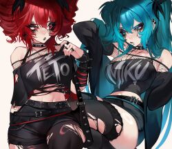  absurdres aqua_eyes aqua_hair black_choker black_eyeshadow black_lips black_nails choker commentary cross drill_hair ear_piercing earrings emo_fashion english_commentary eyeshadow face_piercing fishnets goth_fashion gothic_punk hatsune_miku highres jewelry kasane_teto long_hair makeup mouth_piercing nail_polish piercing punk red_hair shirt spiked_choker spikes suliavtuber twin_drills twintails very_long_hair vocaloid 