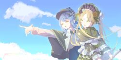  2girls artist_name bird_hat_ornament black_bow black_bowtie black_capelet black_flower black_hat black_rose blonde_hair blue_hair blue_necktie blue_skirt bonnet bow bow_flower bowtie braid braided_hair_rings broom broom_riding capelet clouds collared_shirt deerstalker dress flower frilled_capelet frilled_dress frilled_sleeves frills green_bonnet green_eyes grey_vest hair_bow hair_flower hair_ornament hair_rings hat hat_bow highres lolita_fashion long_hair long_sleeves mahou_shoujo_no_majo_saiban momoseka2004 multiple_girls necktie open_mouth rose shirt short_hair signature skirt smile tachibana_sherry tono_hanna twintails upper_body vest white_flower white_rose white_shirt wide_sleeves yellow_eyes yellow_flower yellow_rose yuri 
