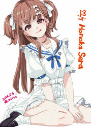  22/7 :q artist_name between_legs black_shoes blue_ribbon bow brown_eyes brown_hair character_name collarbone copyright_name dated dress emblem fanged_bangs fivesta full_body group_name hair_bow hair_ornament hand_between_own_legs head_tilt highres kisairo_kaede loafers long_hair looking_at_viewer ribbon sailor_dress sera_honoka shoes short_sleeves simple_background sitting socks tongue tongue_out two_side_up wariza white_background white_bow white_dress white_socks 