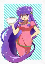  01angelegg 1girl artist_name bow bowl chinese_clothes dated hair_bow hand_on_own_hip holding holding_bowl long_hair open_mouth pants pink_pants pink_shirt purple_hair ranma_1/2 shampoo_(ranma_1/2) shirt sidelocks smile violet_eyes 