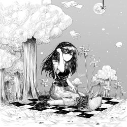  1girl absurdres checkered_blanket closed_mouth collared_shirt commentary english_commentary greyscale hand_up highres long_hair mari_(headspace)_(omori) mari_(omori) monochrome omori outdoors picnic_basket picnic_blanket pinwheel shirt short_sleeves smile solo ssunnywashere sweater_vest tree 