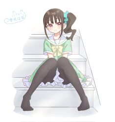  1girl aqua_dress bad_source bare_arms black_pantyhose blunt_bangs bow bowtie brown_hair buttons choppy_bangs dress eyelashes feet frilled_dress frills full_body grin hands_on_lap happy light_blush looking_at_viewer medium_dress medium_hair nekoyashiki_mayu no_shoes on_stairs pantyhose pink_eyes precure sailor_collar sailor_dress shadow short_sleeves side_ponytail sidelocks signature sitting sizuki_haru smile solo third-party_source toes white_sailor_collar wonderful_precure! yellow_bow yellow_bowtie 