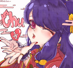  1girl blowing_kiss china_dress chinese_clothes commentary_request double_bun dress eyeshadow hair_bun hair_ornament highres kiss lipstick makeup purple_hair ranma_1/2 shampoo_(ranma_1/2) solo tuki1025 