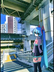  1girl 20xx_0x_x0 aqua_eyes aqua_hair black_skirt bridge building city commentary_request day detached_sleeves feet_out_of_frame from_behind from_side grey_shirt hatsune_miku highres long_hair looking_at_viewer miniskirt outdoors photo_background pleated_skirt road rust shirt shoulder_tattoo skirt solo stairs tattoo twintails vocaloid 