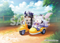  2others :3 :d ^_^ bell black_helmet black_sclera blue_helmet blue_horns blue_sky bush chibikemo claws closed_eyes closed_mouth clouds colored_sclera commentary_request company_name copyright_notice cumulonimbus_cloud day debidebi_debiru demon demon_horns facial_mark fence forehead_mark furry goggles goggles_on_head grass grey_fur happy helmet hill horns jingle_bell lunlun_(nijisanji) motor_vehicle motorcycle mountainous_horizon multiple_horns multiple_others neck_bell nijisanji nishida_yuu official_art on_motorcycle open_mouth outdoors path power_lines riding sample_watermark sidecar sky smile tree utility_pole virtual_youtuber watermark white_fur yellow_eyes 