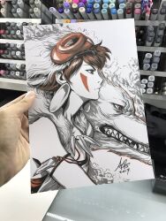  1girl 2017 animal art_tools_in_frame artist's_hand_in_frame cape commentary earrings english_commentary facepaint from_side fur_cape highres jewelry marker_(medium) mononoke_hime moro_(mononoke_hime) necklace oversized_animal photo_(medium) san_(mononoke_hime) sharp_teeth signature stanley_lau teeth tooth_necklace traditional_media upper_body white_wolf wolf 