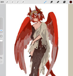  1girl animal_ears arknights art_program_in_frame bird_ears bird_girl bird_tail bird_wings black_pants breasts commentary_request feet_out_of_frame fiammetta_(arknights) highres pants procreate_(software) red_eyes red_hair short_hair simple_background sketch small_breasts solo tail white_background wings yoakemeow 