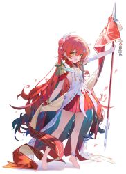  1girl absurdres aged_down asymmetrical_gloves barefoot bracelet breasts commentary coria duplicate earrings elbow_gloves flag full_body gloves hair_between_eyes hair_ornament highres himeko_(honkai:_star_rail) himeko_(nova)_(honkai:_star_rail) holding holding_flag honkai:_star_rail honkai_(series) jewelry long_hair looking_at_viewer mismatched_gloves open_mouth red_gloves red_hair red_skirt sideboob simple_background skirt sleeveless smile solo standing star_(symbol) star_hair_ornament uneven_gloves very_long_hair white_background white_gloves yellow_eyes 